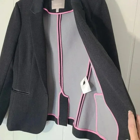 Banana Republic Faux Leather Trim Blazer Gray Stretch Office Size 14 - Picture 8 of 9
